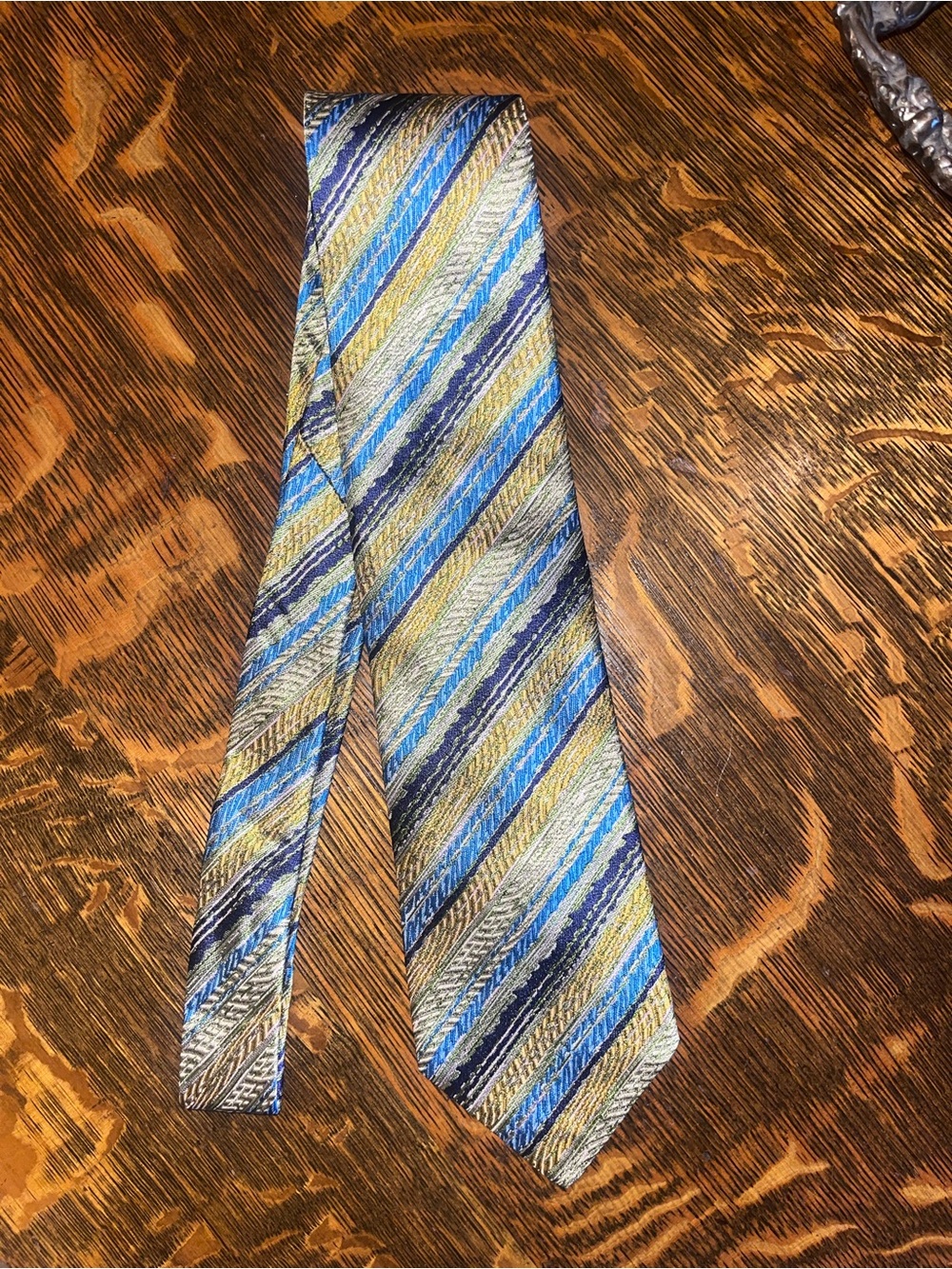 MISSONI Italy Multicolored Striped Silk Necktie - Blue Gold Chevon Abstract